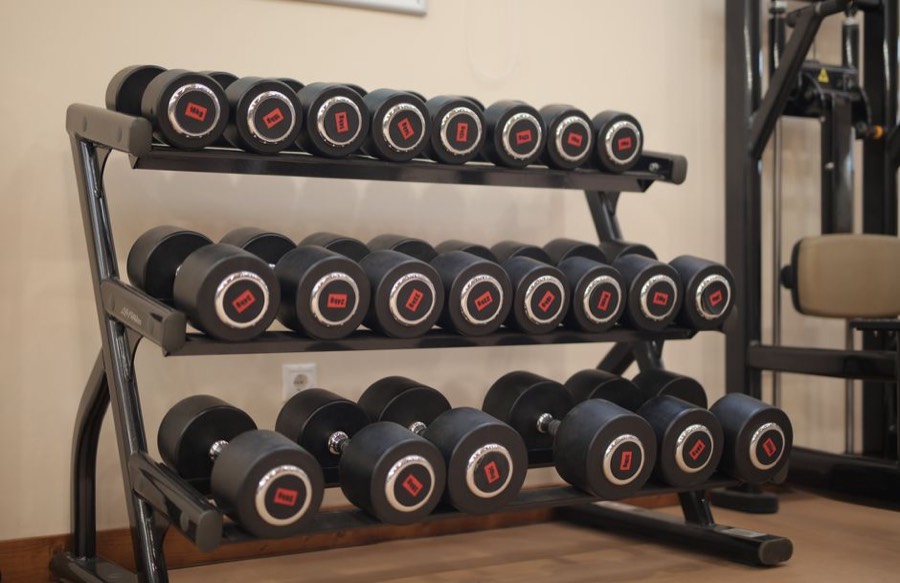 Rack of dumbbells in a gym